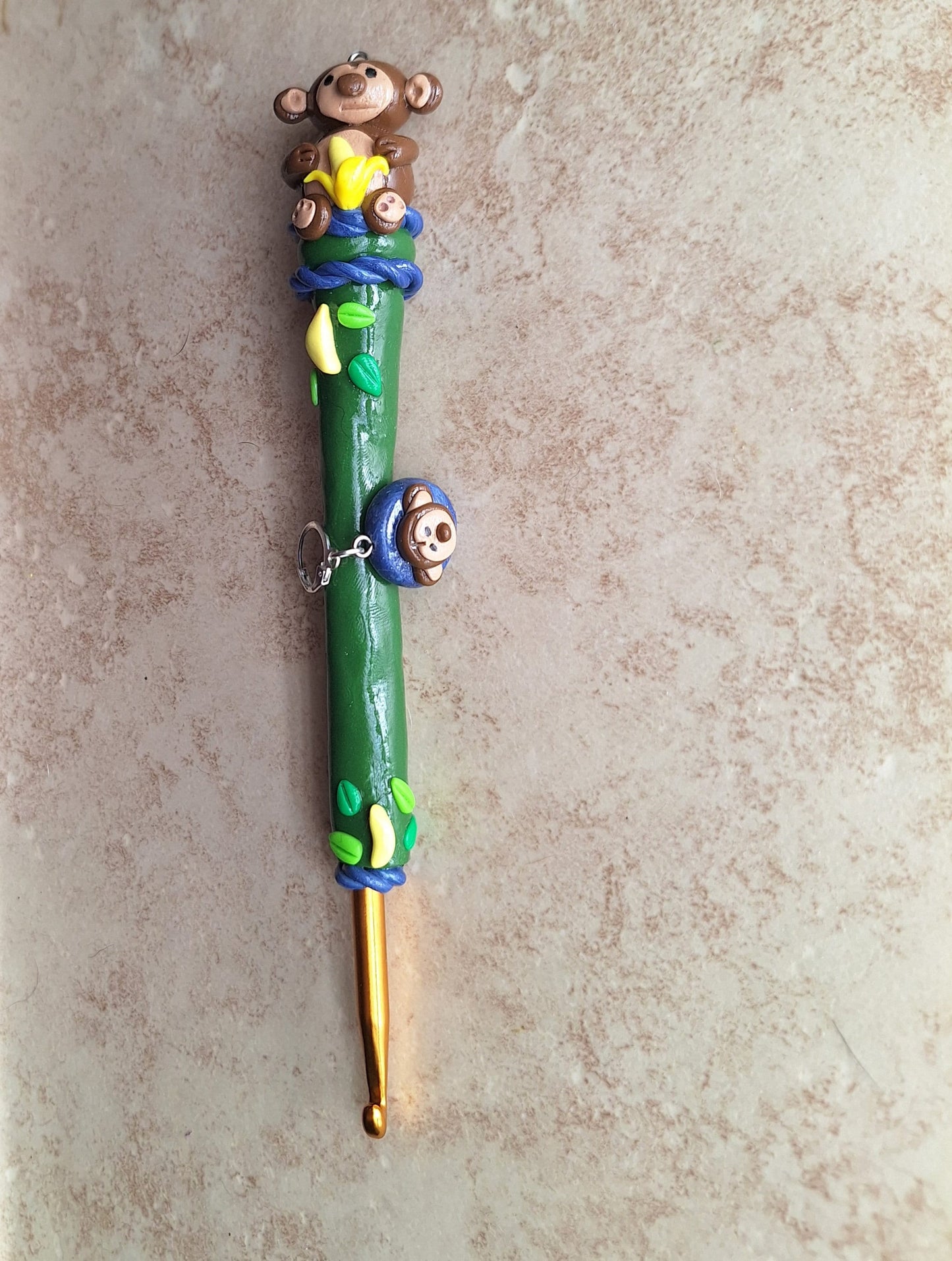 Polymer clay monkey banana jungle crochet hook with stitch marker
