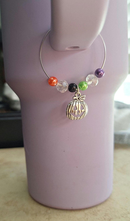 faux pearl autumn pumpkin charm tumbler accessories tumbler charm buddy / silvertone jackolantern halloween cup handle charm