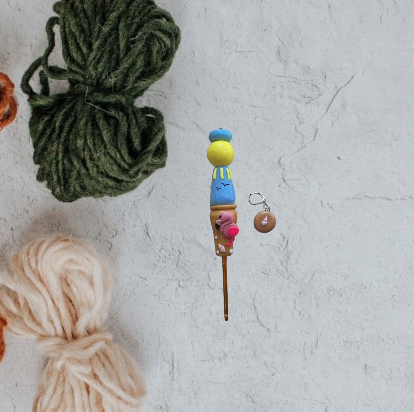 Polymer clay Beach scene flamingo crochet hook with stitch marker