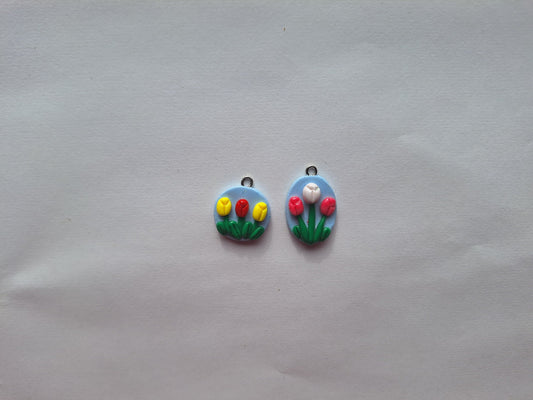 Kawaii red yellow pink white tulip charms / polymer clay flower charms / flowers spring summer charms / clay tulip jewelry stitch marker