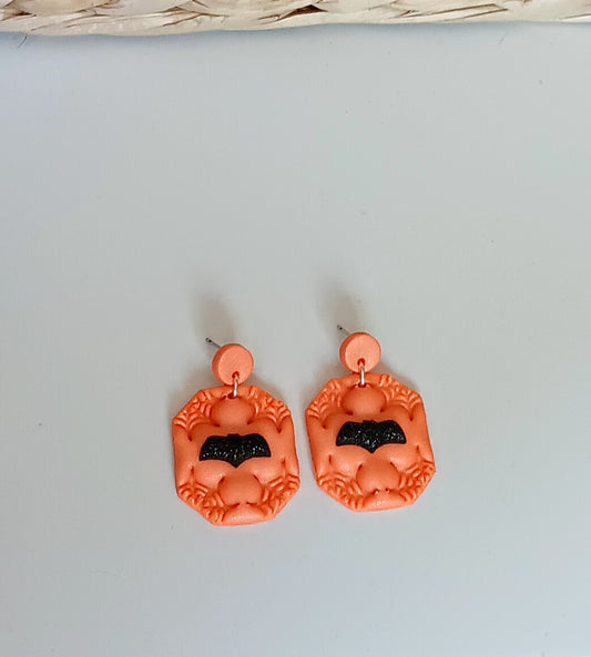 Kawaii orange spiderweb bat earrings / polymer clay dangle stud earrings / flying bat Halloween holiday jewelry / spider web earrings