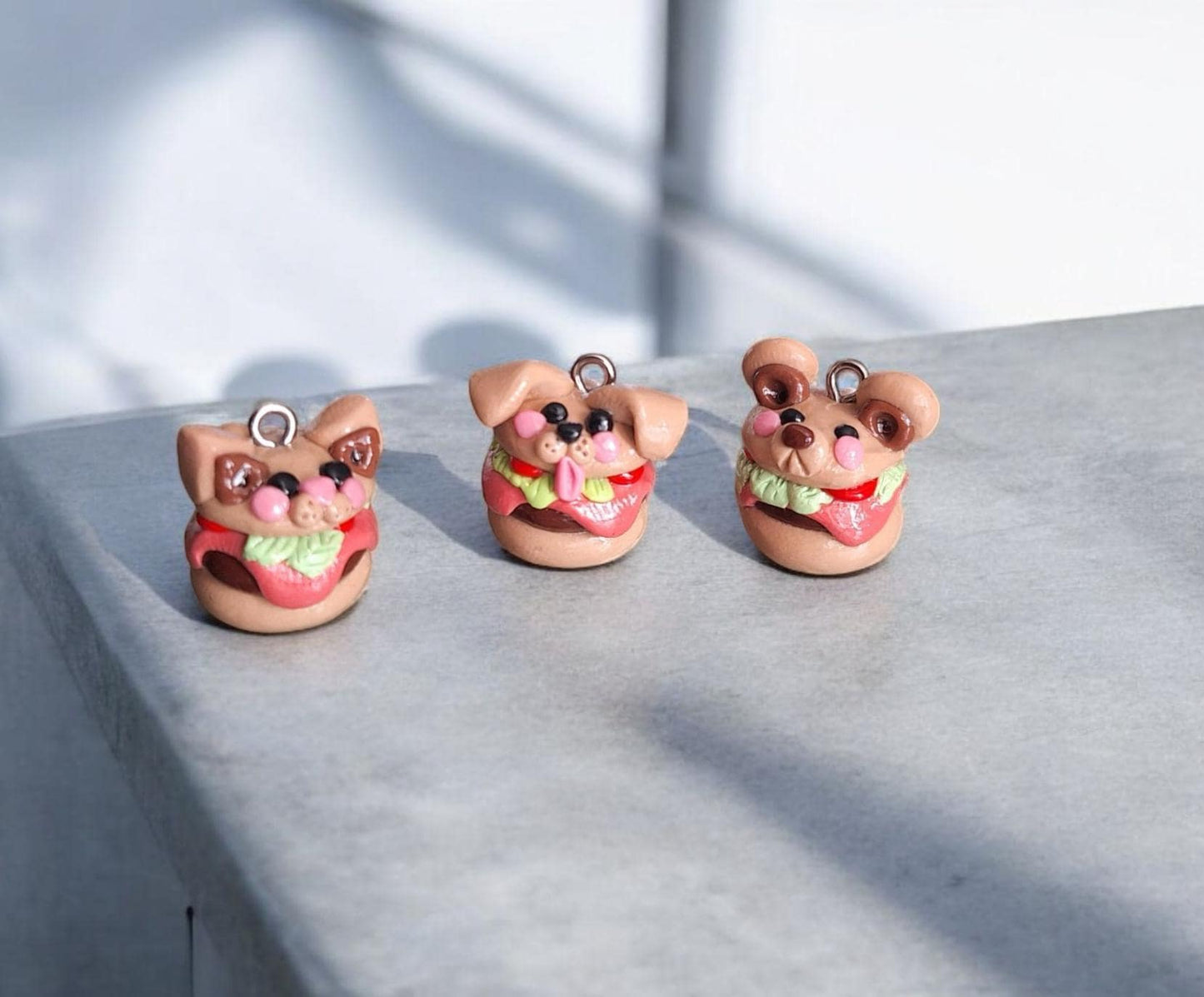Kawaii burger charms / polymer clay bear cat puppy charms / dog kitty bear burger jewelry stitchmarker progress keeper notions