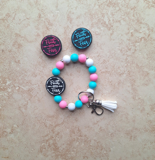 Silicone beaded wristlet keychain / faith over fear silicone beaded wristlet keychain / religious faith bag accessories key chain gift