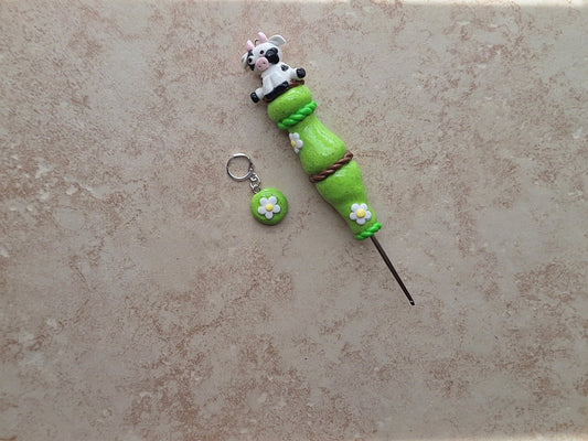 Polymer clay cute daisy cow crochet hook with stitch marker