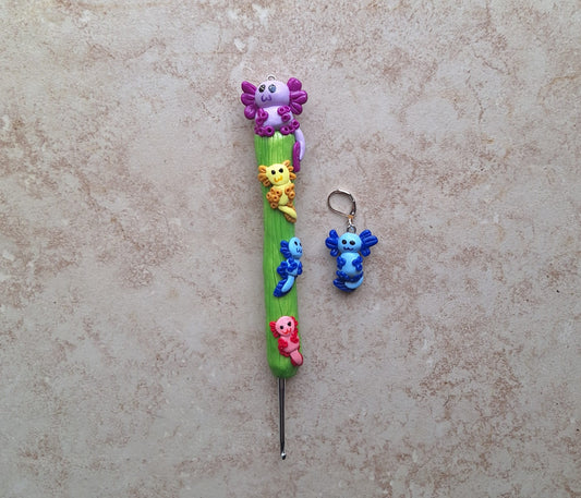 Polymer clay colorful axolotl crochet hook with stitch marker