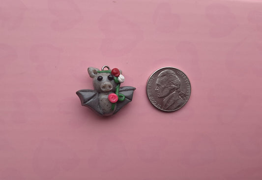 Kawaii floral rose bat charm / polymer clay holiday charms / clay charm jewelry / bat charm stitch marker progress keeper