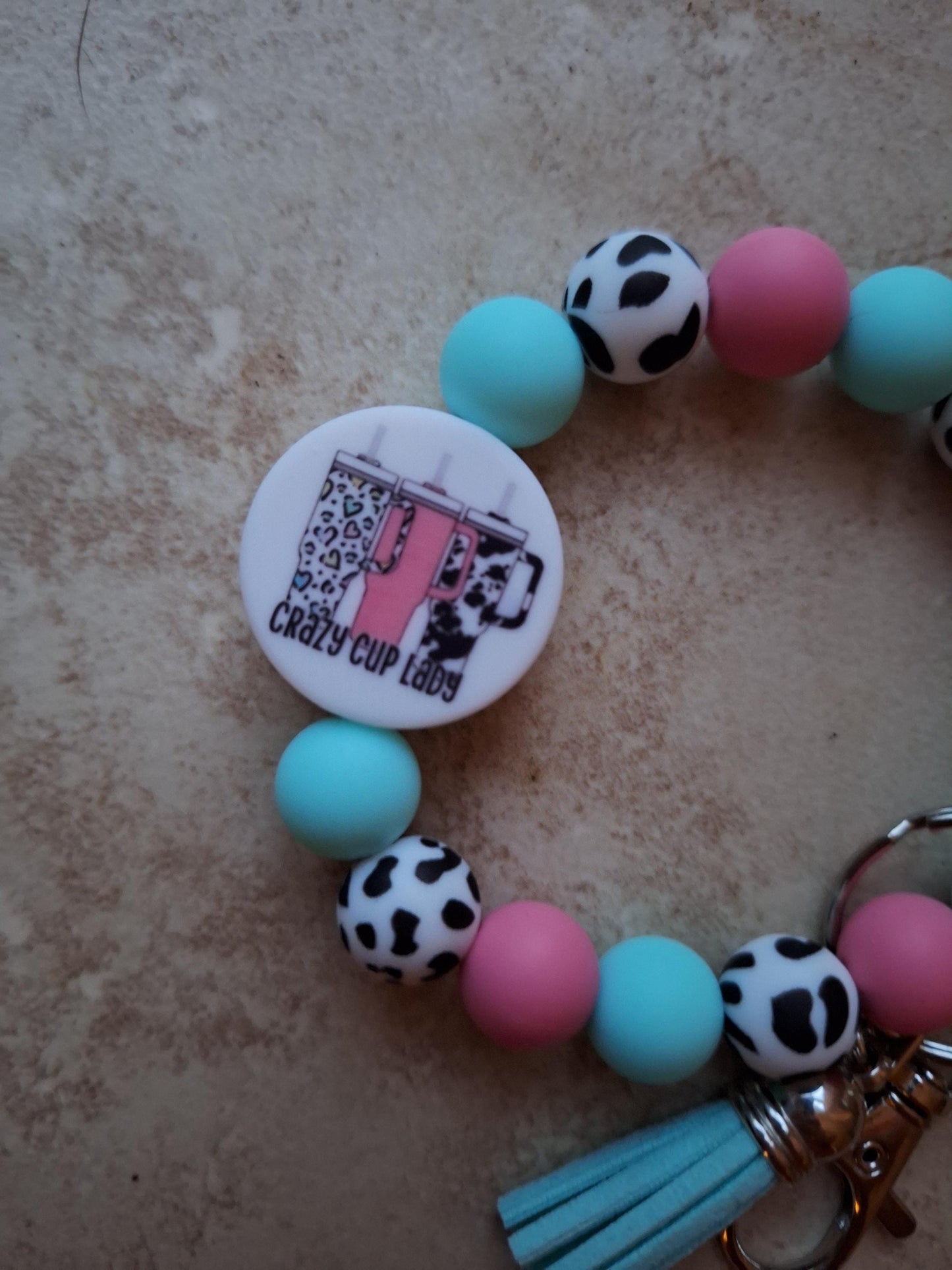 Silicone beaded wristlet keychain / crazy cup lady silicone beaded wristlet keychain / cup tumbler bag accessories key chain