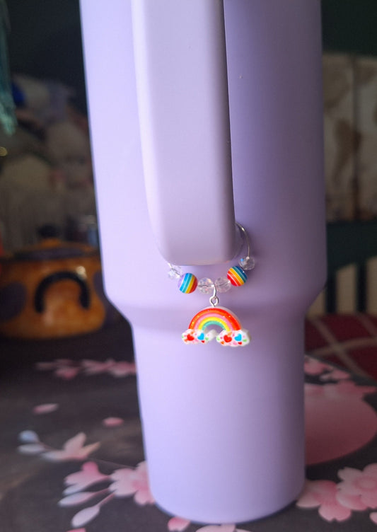 Beaded rainbow tumbler charm / rainbow tumbler charm accessory / faceted clear beaded tumbler charm with rainbow dangle
