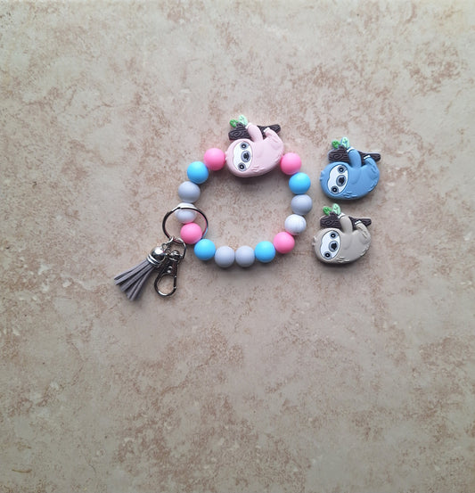 Silicone beaded wristlet keychain / pink blue gray sloth silicone beaded wristlet keychain / sloth on branch bag accessories key chain gift