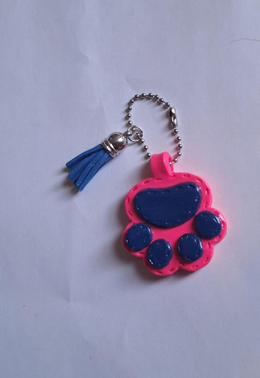 Polymer clay paw print faux leather look stitch style keychain / cute clay pawprint bag accessories key chain