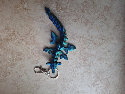 3D articulated blue green metallic leafy dragon keychain / 3d printed dragon 3d printed animals figurine knick knack Fidget keychain