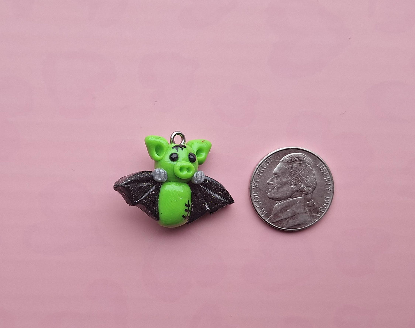 Kawaii green frankenstein bat charm / polymer clay halloween charms / clay charm jewelry / bat charm stitch marker progress keeper