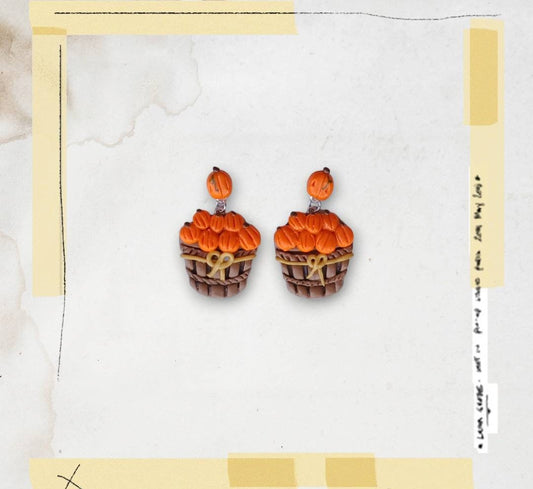 Kawaii pumpkin earrings / polymer clay pumpkin orchard basket stud dangle earrings / kawaii pumpkin fall jewelry / clay autumn earrings