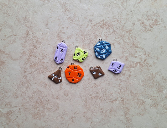 Polymer clay d2o dice set charms jewelry stitch markers progress keeper