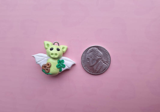 Kawaii lucky clover shamrock bat charm / polymer clay holiday charms / clay charm jewelry / bat charm stitch marker progress keeper