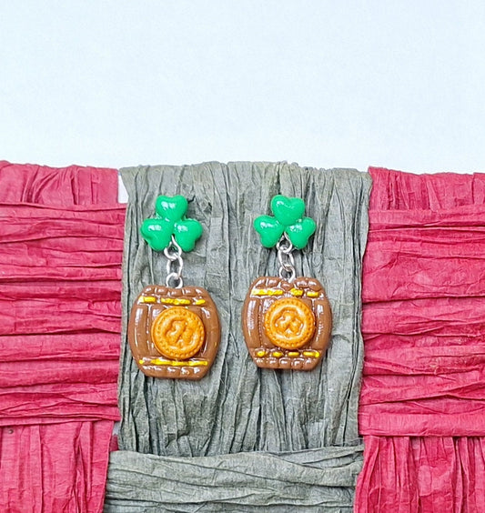 Saint patrick's day clover barrel earrings / polymer clay st patricks day dangle earrings / clover whiskey barrel stud clay earrings