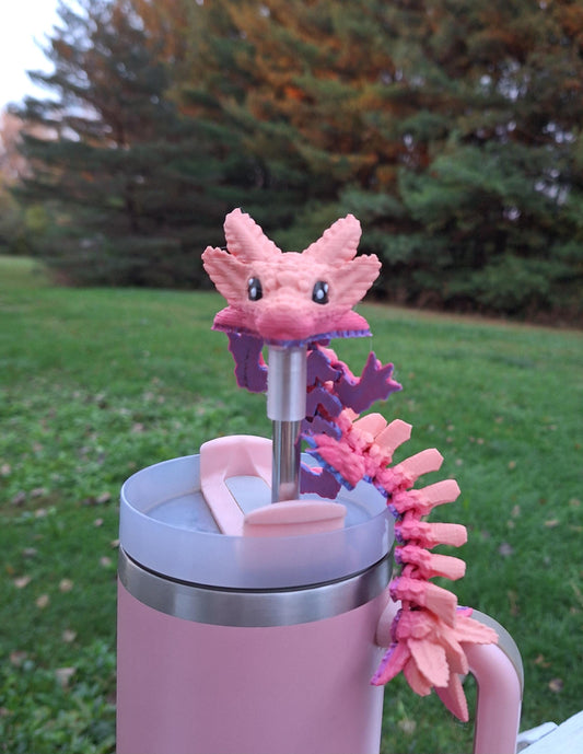 3D articulated colorful axolotl dragon straw cap / 3d printed dragon animals / axolotl dragon straw topper cap cover Fidget figurines