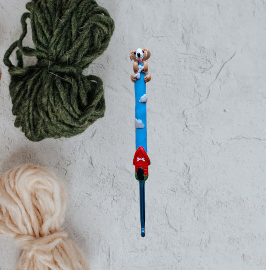 Polymer clay dog clouds red dog house crochet hook