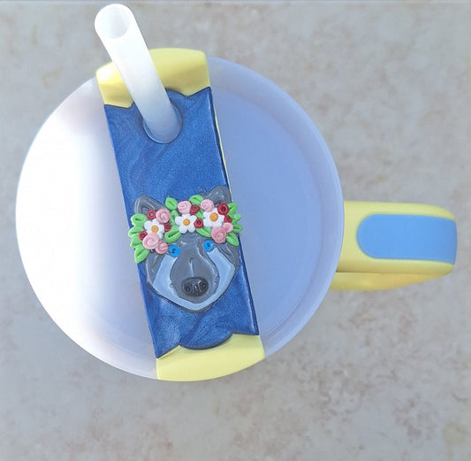 Polymer clay straw tag for stanley tumbler topper / clay tumbler accessories / wolves tumbler topper tag / floral wolf tumbler accessories