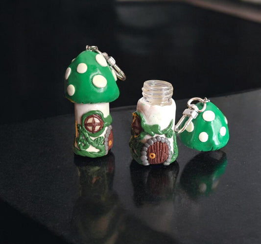 Polymer clay mushroom toadstool keychain jar / cottage core green clay mushroom keychain / functional keychain / key chain gift