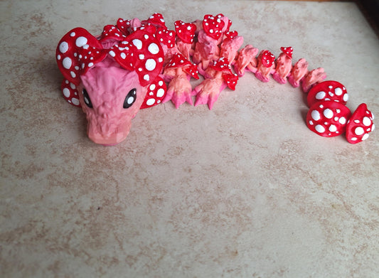 3D articulated red pink ombre toadstool mushroom dragon / 3d printed dragon animals Fidget display knick knack