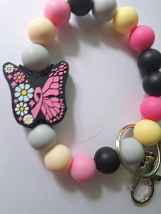 Silicone beaded wristlet keychain / breast cancer awareness ribbon silicone beaded wristlet keychain / butterfly bag accessories key chain
