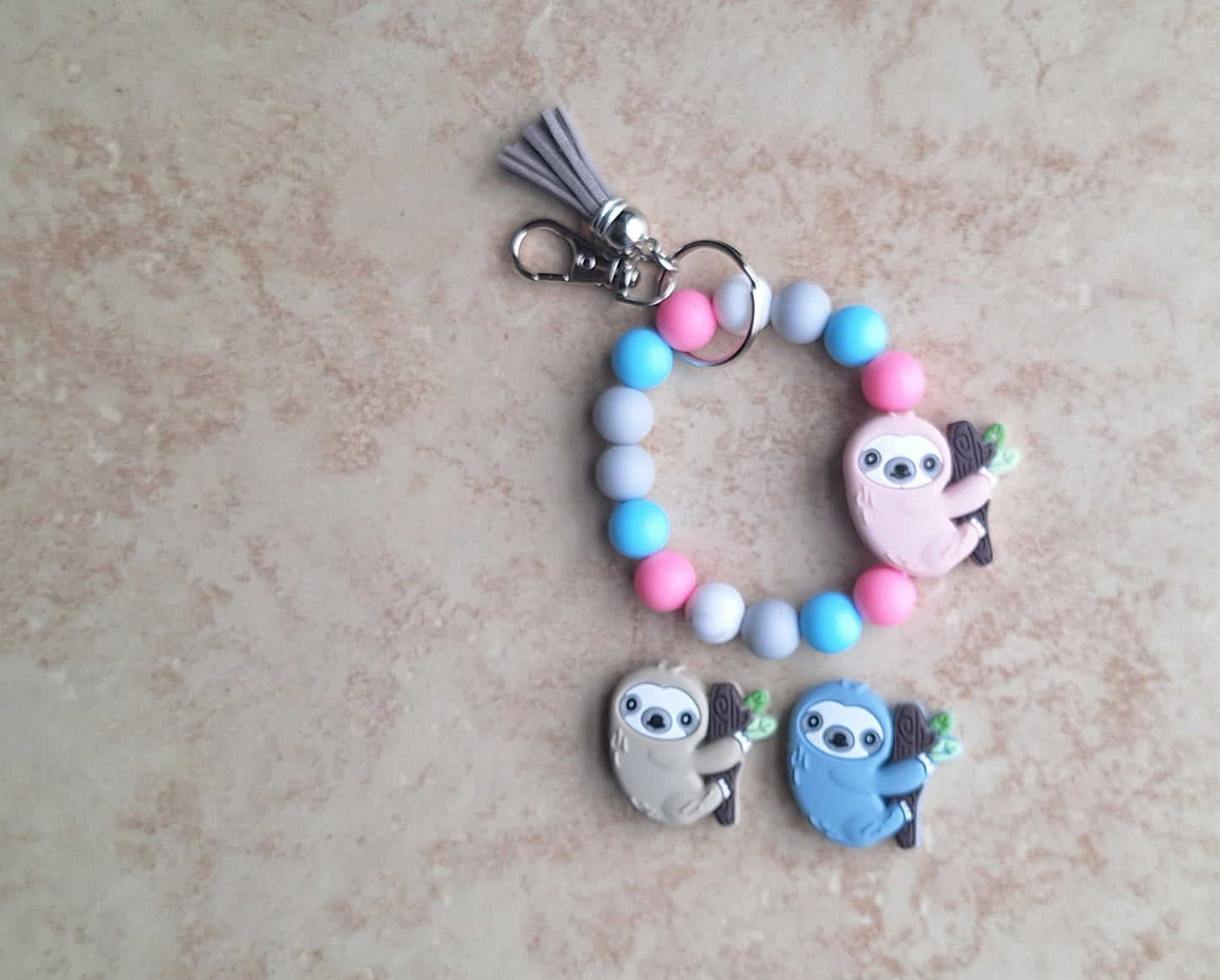 Silicone beaded wristlet keychain / pink blue gray sloth silicone beaded wristlet keychain / sloth on branch bag accessories key chain gift