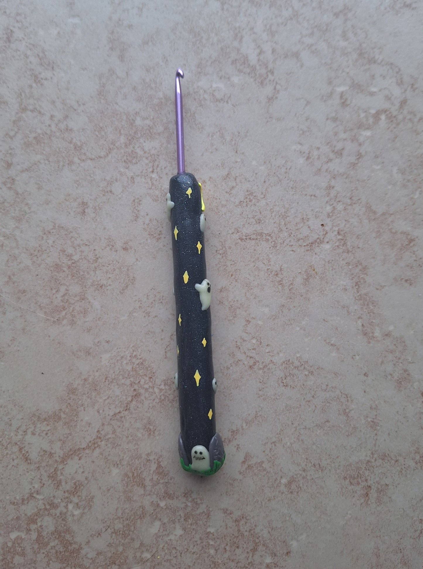 Polymer clay ghost graveyard scene Halloween holiday crochet hook