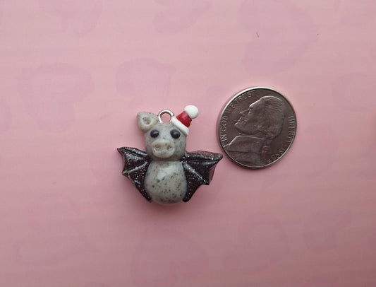 Kawaii clay santa bat charm / polymer clay holiday charms / clay charm jewelry / christmas bat charm stitch marker progress keeper