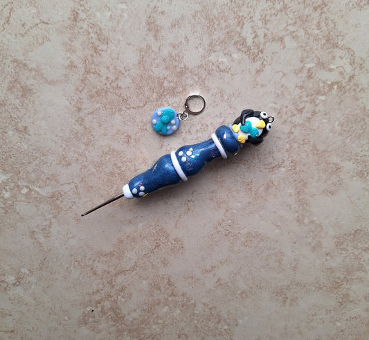 Polymer clay navy pearl penguin crochet hook with stitch marker