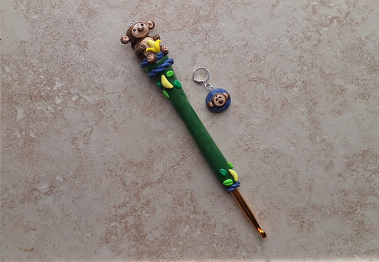 Polymer clay monkey banana jungle crochet hook with stitch marker