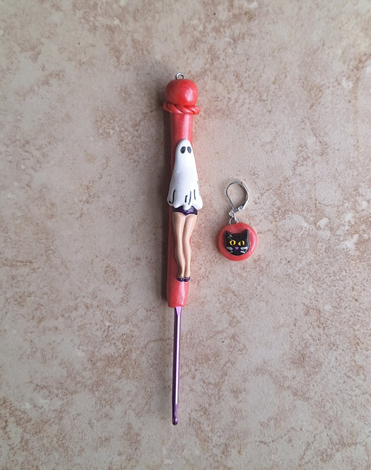 Polymer clay pin up sheet ghost babe Halloween holiday crochet hook