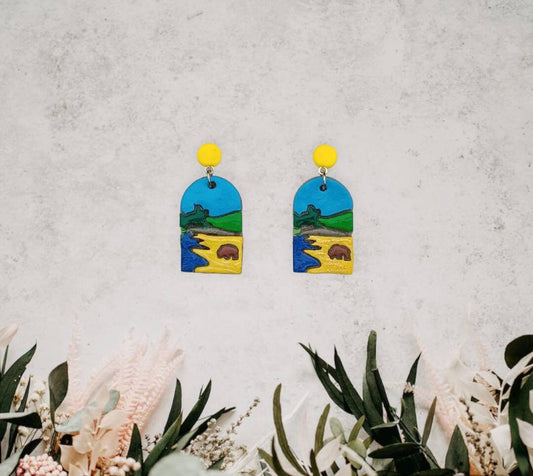 Kawaii buffalo earrings / polymer clay Yellowstone landscape dangle earrings / clay buffalo jewelry / landscape trees earrings