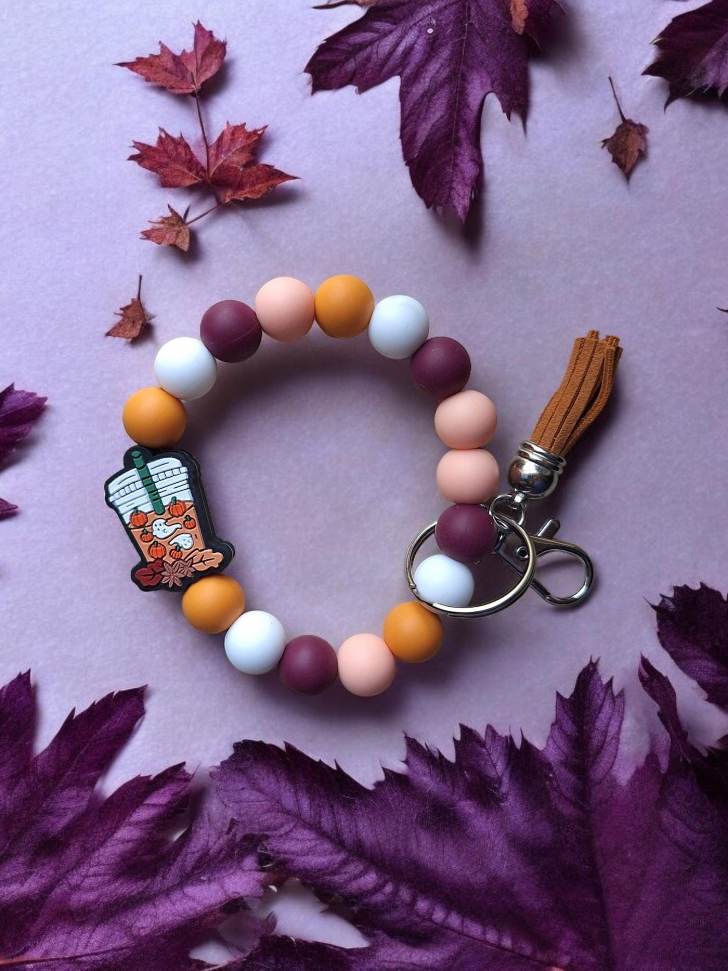 Silicone beaded wristlet keychain / fall pumpkin spice beaded coffee wristlet keychain / halloween boba ghost bag accessories key chain gift