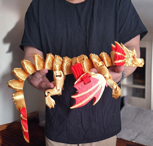 Large 3D printed articulated fin dragon / 3d printed red gold modular dragon animal / 3d animals figurine knick knack Fidget costume cosplay