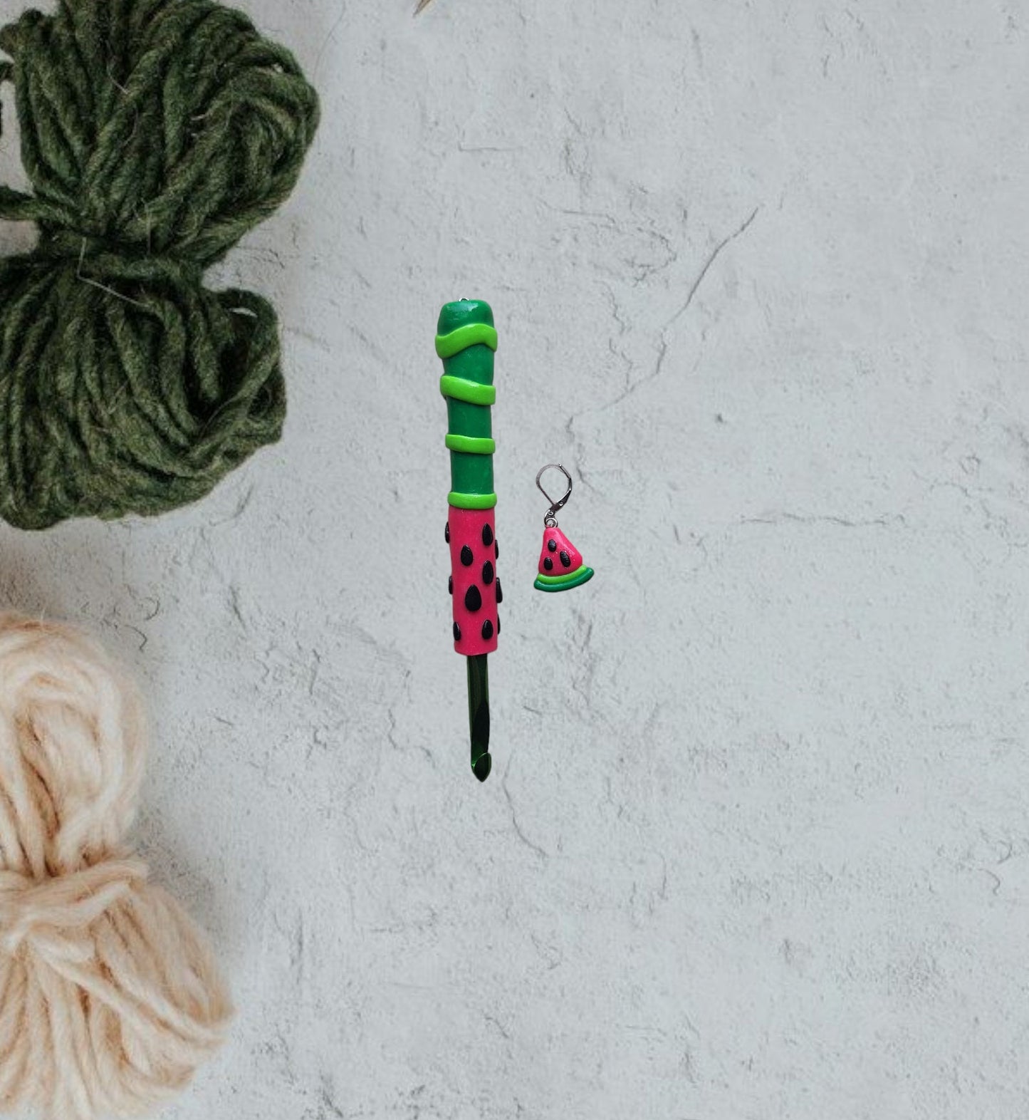 Polymer clay summer fruit watermelon crochet hook with stitch marker