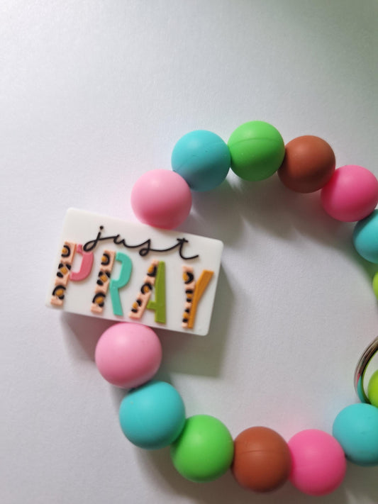 Silicone beaded wristlet keychain / leopard print just pray silicone beaded wristlet keychain / religious faith bag accessories key chain