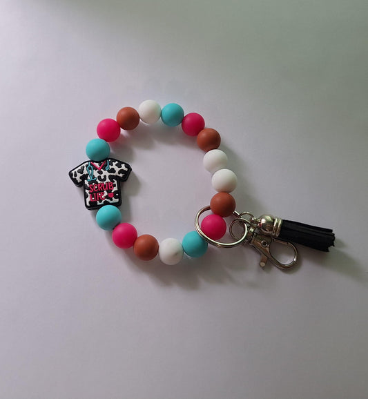 Silicone beaded wristlet keychain / scrub life nurse medical assistant silicone wristlet keychain / leopard print bag accessories key chain