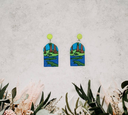 Kawaii alligator crocodile earrings / polymer clay everglades landscape dangle earrings / clay croc gator jewelry / landscape trees earrings