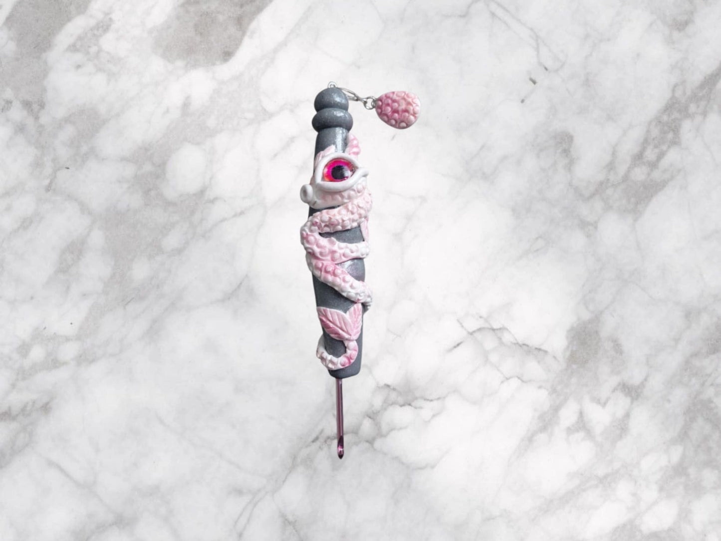 Polymer clay pink red white dragon and egg crochet hook with stitch marker
