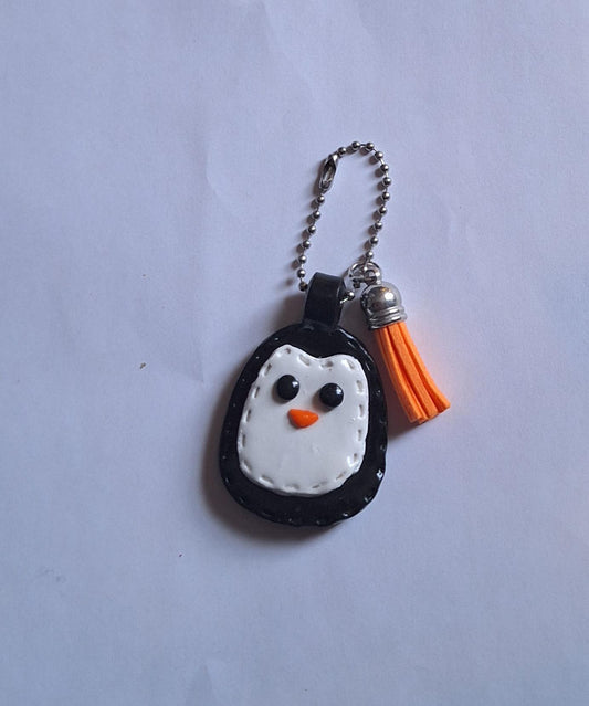 Polymer clay penguin faux leather look stitch style keychain / cute clay penguin bag accessories key chain