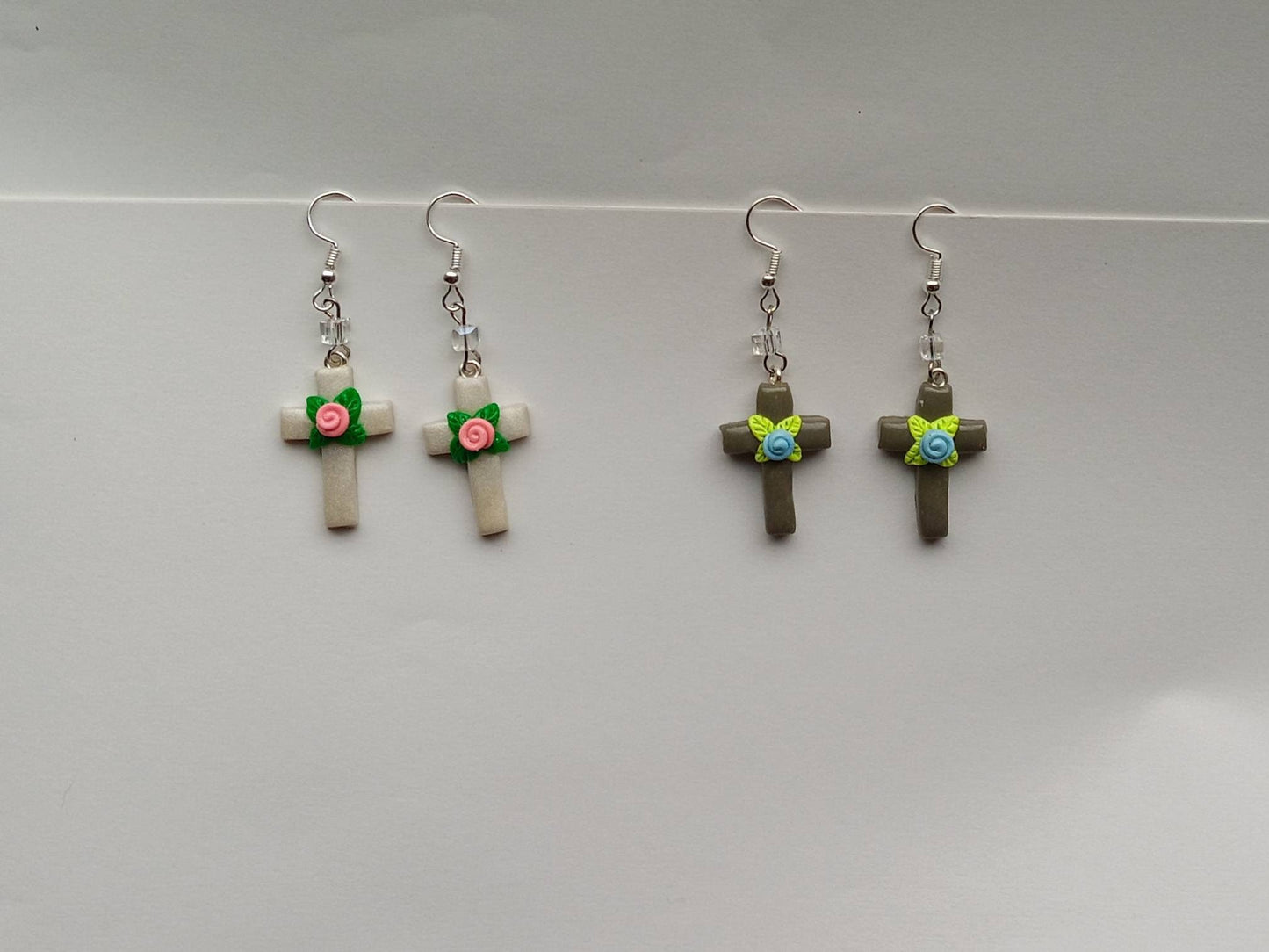 Kawaii floral cross earrings / polymer clay rose cross dangle earrings / clay faith Christian jewelry / floral rose cross earrings