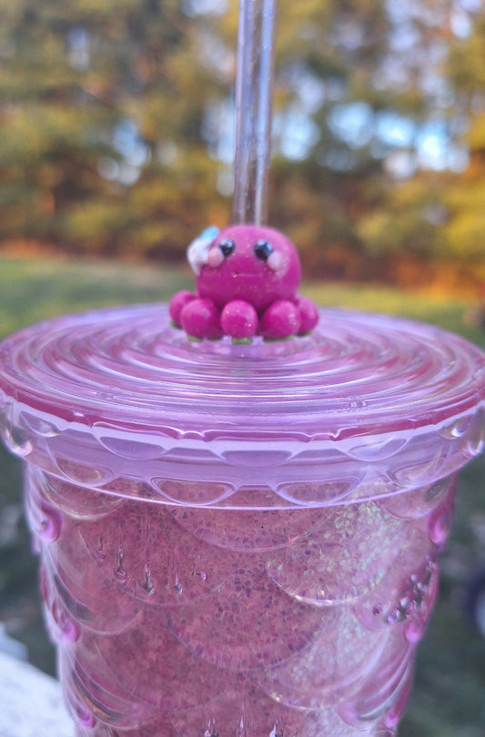 Clay octopus with starfish shell straw buddy charm tumbler accessories / tumbler charm straw buddy / pink octopus squid straw topper charm