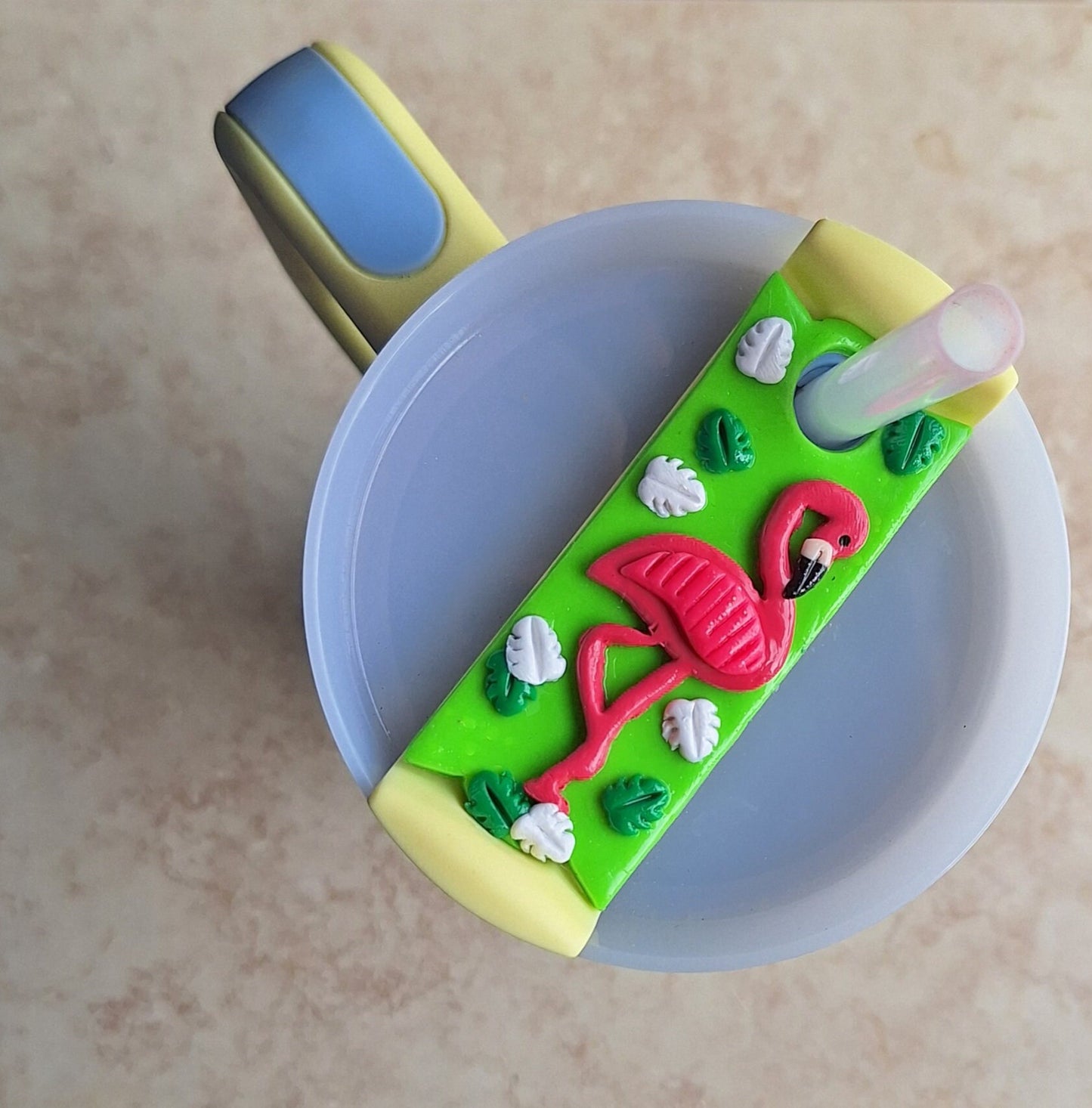 Polymer clay straw tag tumbler topper / clay tumbler accessories / pink flamingo tumbler topper straw tag beach tropical tumbler accessories