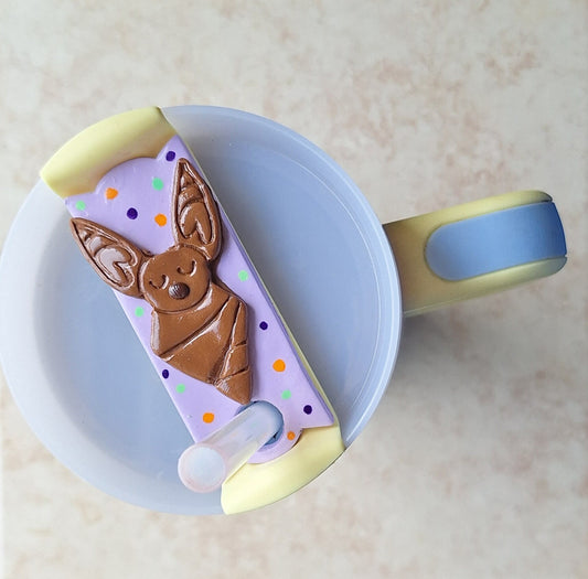 Polymer clay straw tag for stanley tumbler topper tumbler accessory / purple sleeping bat tumbler topper tag / holiday tumbler accessories