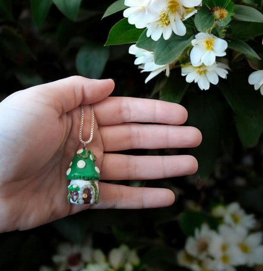 Polymer clay mushroom toadstool pendant jar / cottage core red green clay mushroom necklace / functional necklace / pendant gift