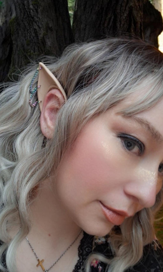 Multicolor rainbow hoop chain rubber fairy pixie elf ears / halloween costume accessory cosplay elf ears / painted elf ears with earrings