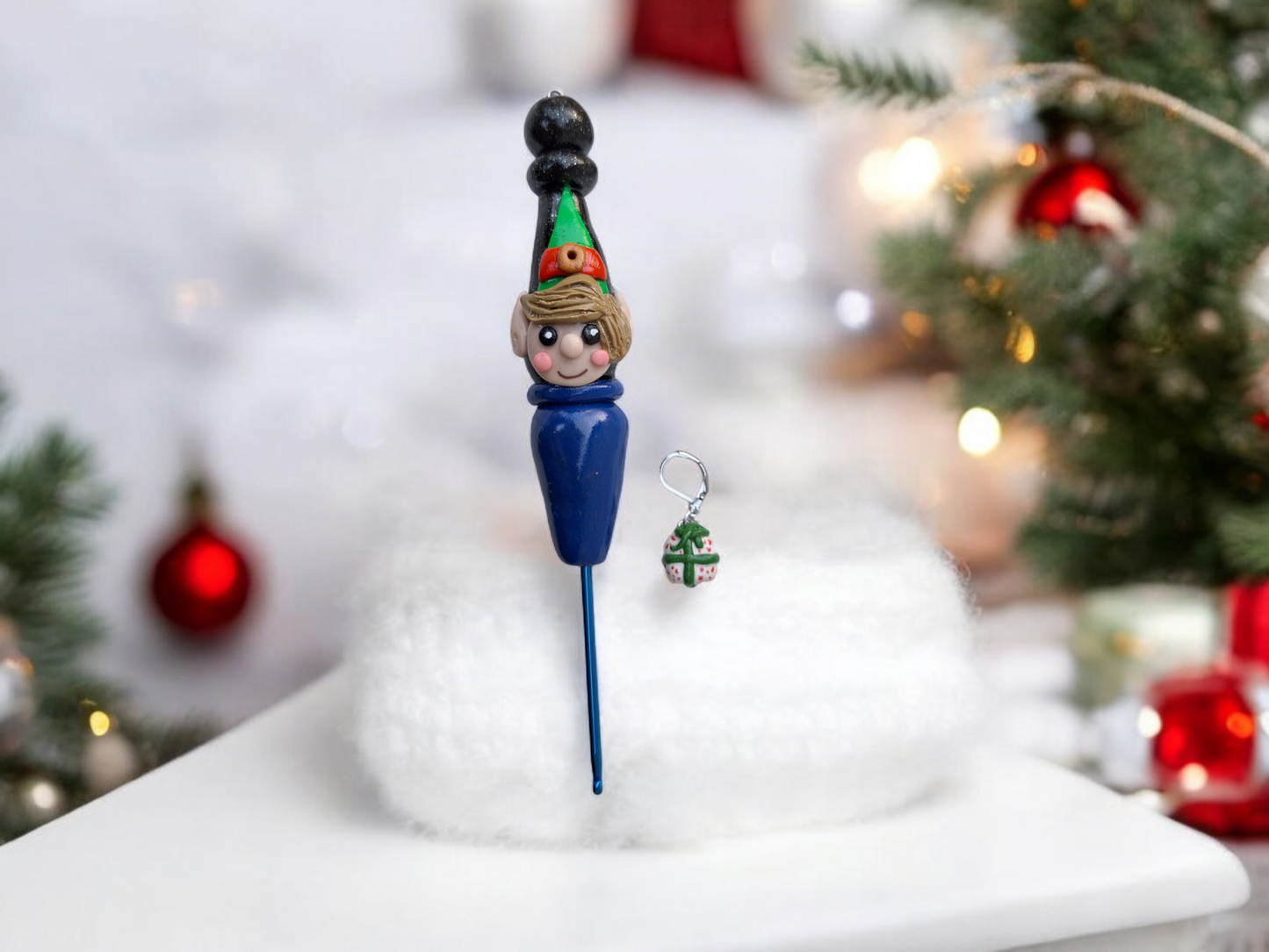 Polymer clay cute christmas holiday elf crochet hook