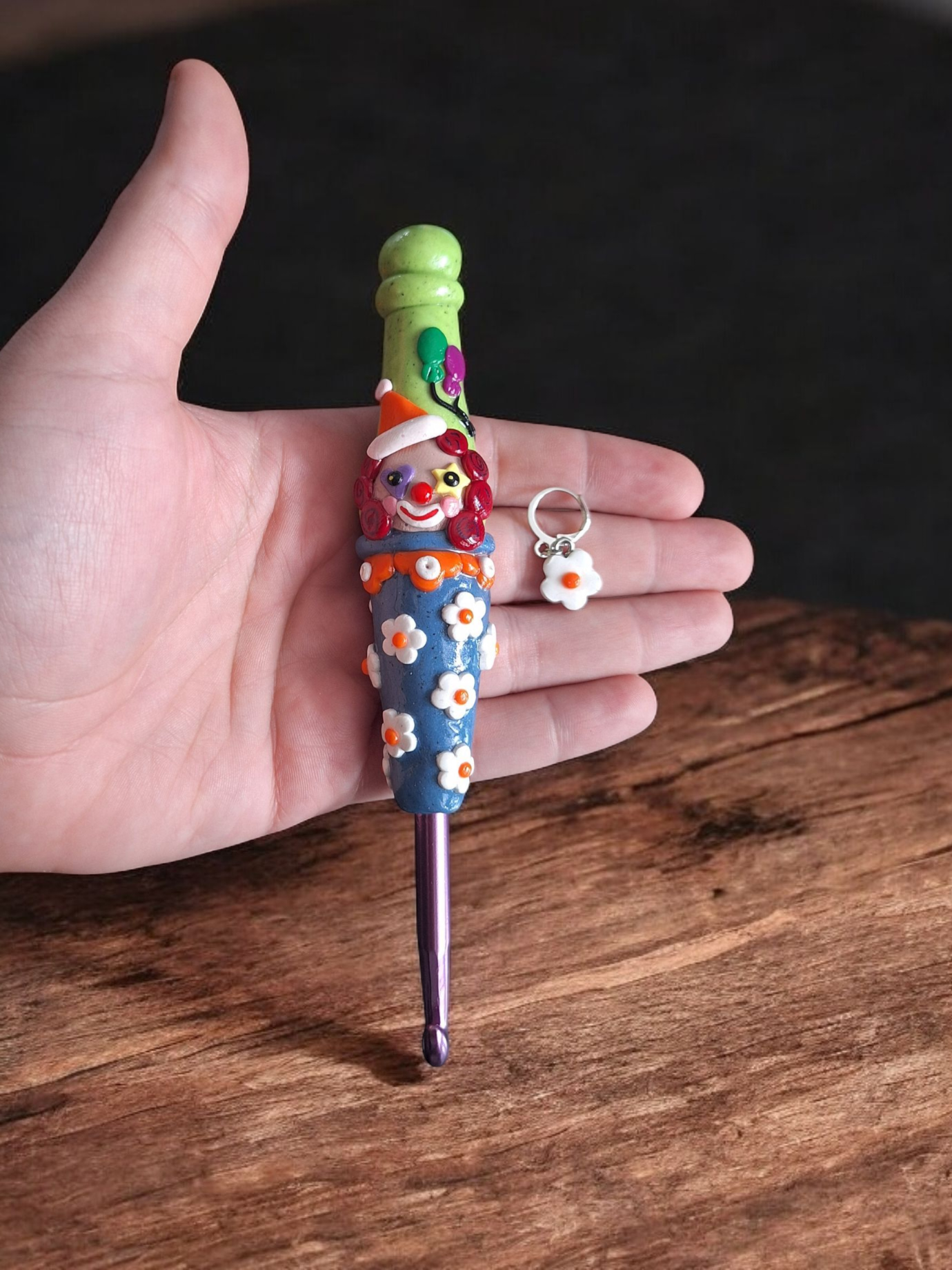 Polymer clay daisy clown crochet hook