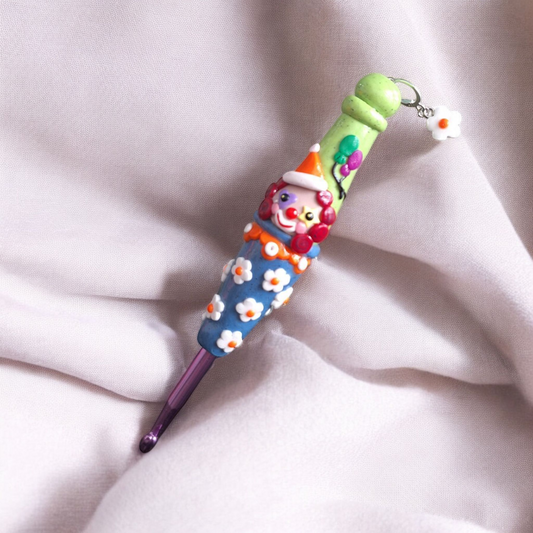 Polymer clay daisy clown crochet hook